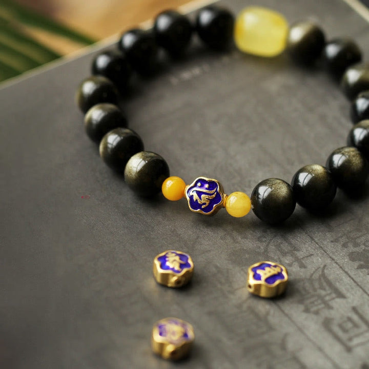 Bracelet de protection de richesse en obsidienne et ambre en argent sterling 925 avec Buddha Stones et zodiaque chinois