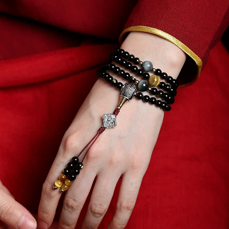 Bracelet de richesse en pierre d'oeil de tigre et d'aigle avec 108 Buddha Stones de Mala en obsidienne dorée brillante
