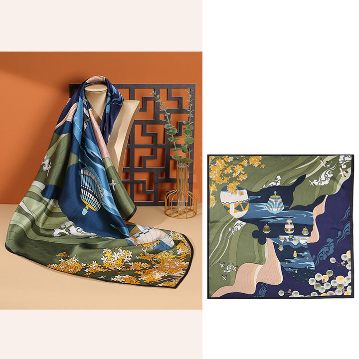 Foulard pour cheveux en soie de mûrier 100 % Buddha Stones et scène pastorale en montgolfière