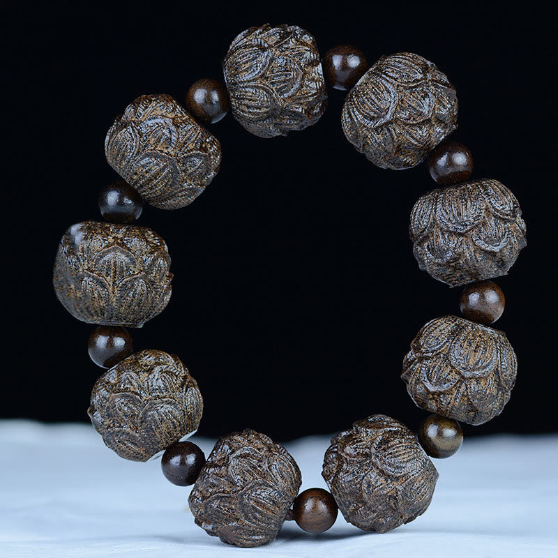 Bracelet d'équilibre gravé en bois d'ébène avec Buddha Stones et dragon de lotus des dix-huit arhats