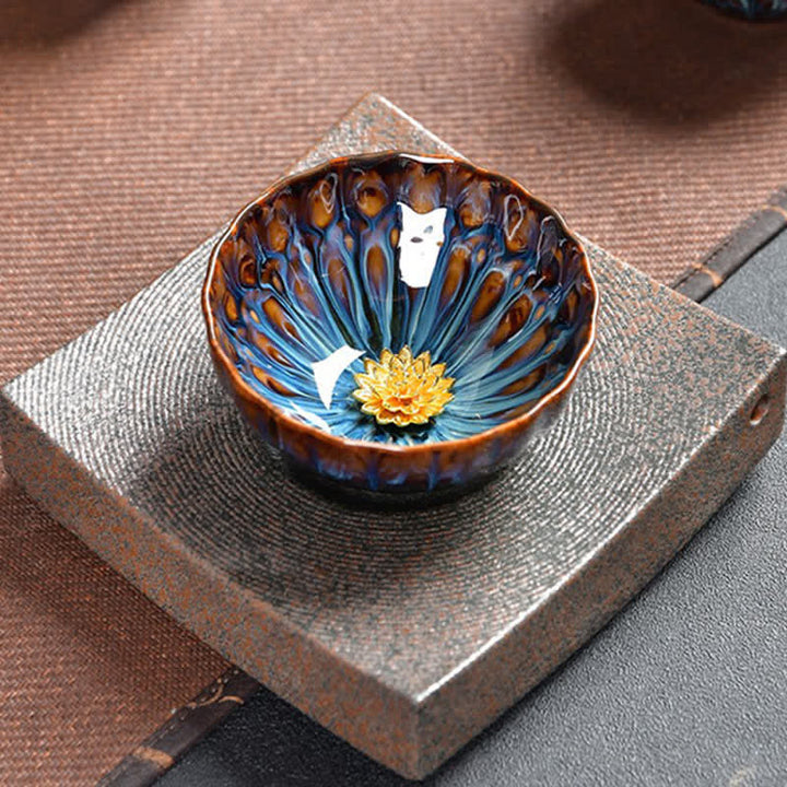 Tasse à thé en céramique incrustée de Buddha Stones, lotus, paon, dragon, phénix, poisson koï, 120 ml