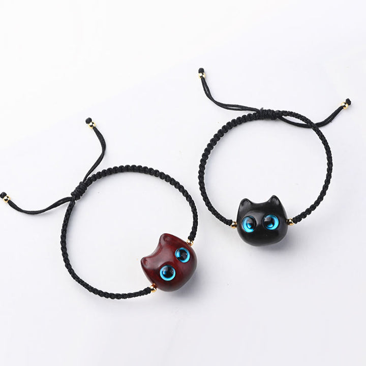 Bracelet tressé en bois de santal rouge et ébène avec petites feuilles et Buddha Stones, tête de chat mignonne, protection calme - image 18