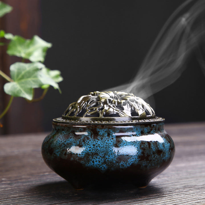 Brûleur d'encens en céramique à motif de fleurs et de Buddha Stones