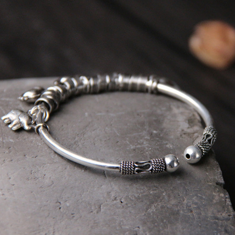 Bracelet jonc en argent sterling 925 avec Buddha Stones et motif éléphant
