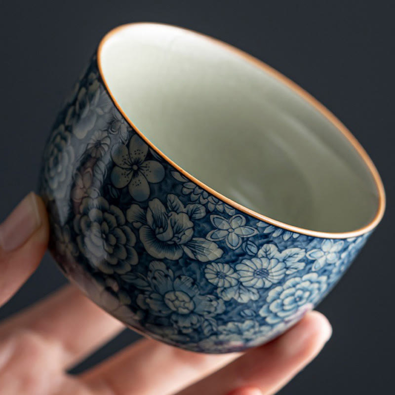 Tasse à thé en céramique motif Buddha Stones Lotus bleu Fleur de pêcher Chrysanthème Tasses à thé Kung Fu