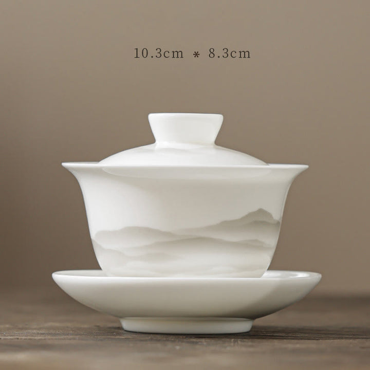 Buddha Stones Peinture à l'encre vintage Montagne Porcelaine blanche Céramique Gaiwan Sancai Tasse à thé Kung Fu Tasse à thé et soucoupe avec couvercle Ustensile à thé Théière