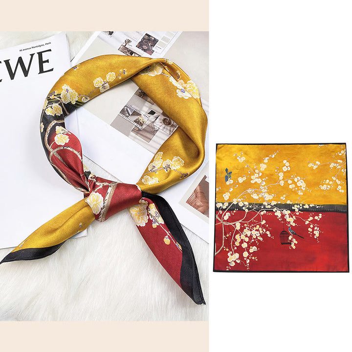 Foulard pour cheveux en soie de mûrier 100 % Buddha Stones et scène pastorale en montgolfière
