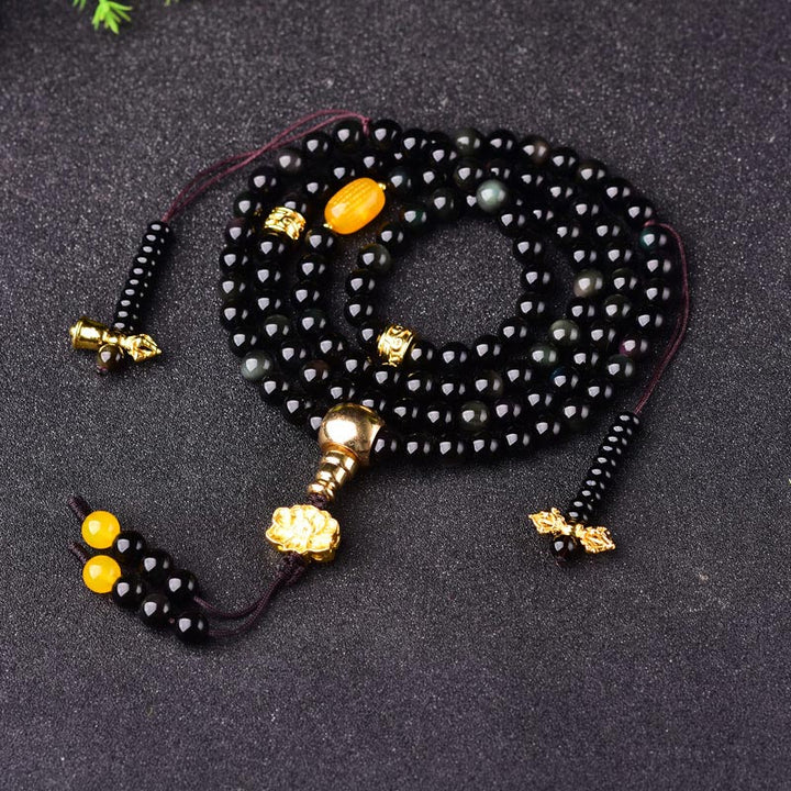 Bracelet Mala Lotus Accomplissement en Obsidienne Noire Naturelle 108 Perles Buddha Stones