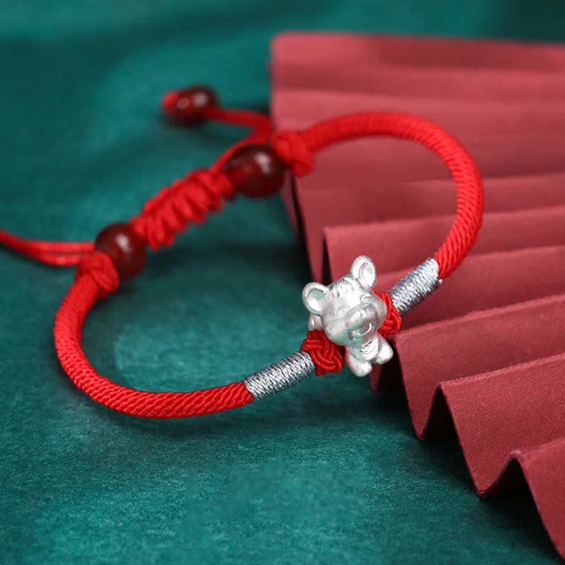 Bracelet en argent sterling 999 avec Buddha Stones et signe du zodiaque chinois, cordon rouge, force et chance