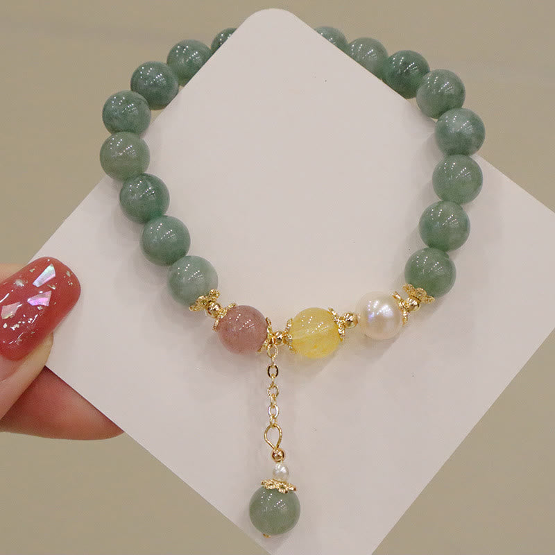 Bracelet porte-bonheur en perles de jade et quartz fraise avec Buddha Stones