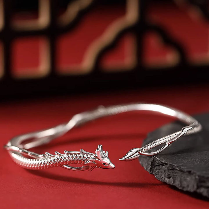 Bracelet manchette porte-bonheur en métal Buddha Stones en argent sterling 925 et motif année du dragon