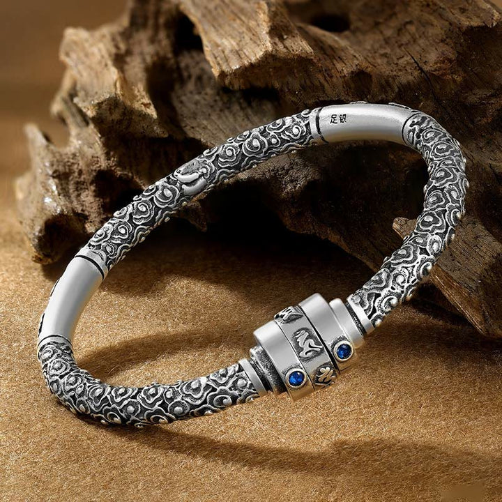 Bracelet de créativité gravé en argent sterling 990 Buddha Stones et nuages de bon augure tibétains Om Mani Padme Hum