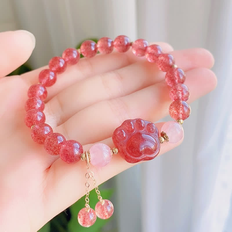 Bracelet d'amour en forme de patte de chat porte-bonheur en cristal rose et quartz fraise naturel de Buddha Stones - image 4