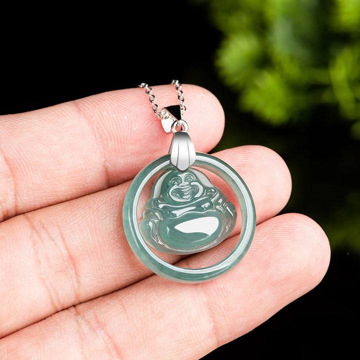 Collier pendentif rond en jade naturel représentant un Bouddha Buddha Stones, symbole d'abondance, avec chaîne en acier titane et pierres de Bouddha. - image 5