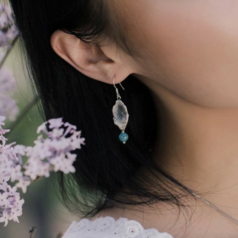 Buddha Stones Boucles d'oreilles pendantes en argent Sterling 925 Turquoise Feuille de Lotus Protection