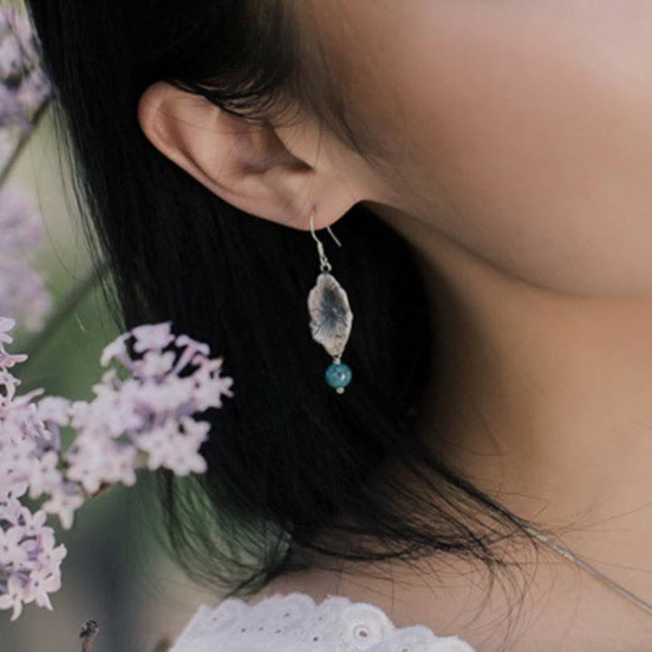 Buddha Stones Boucles d'oreilles pendantes en argent Sterling 925 Turquoise Feuille de Lotus Protection