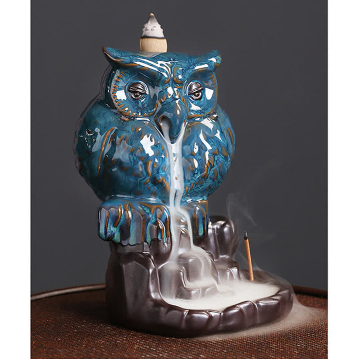 Buddha Stones Mignon Hibou Céramique Fontaine à Fumée à Refoulement Méditation Guérison Brûleur D'encens Décoration