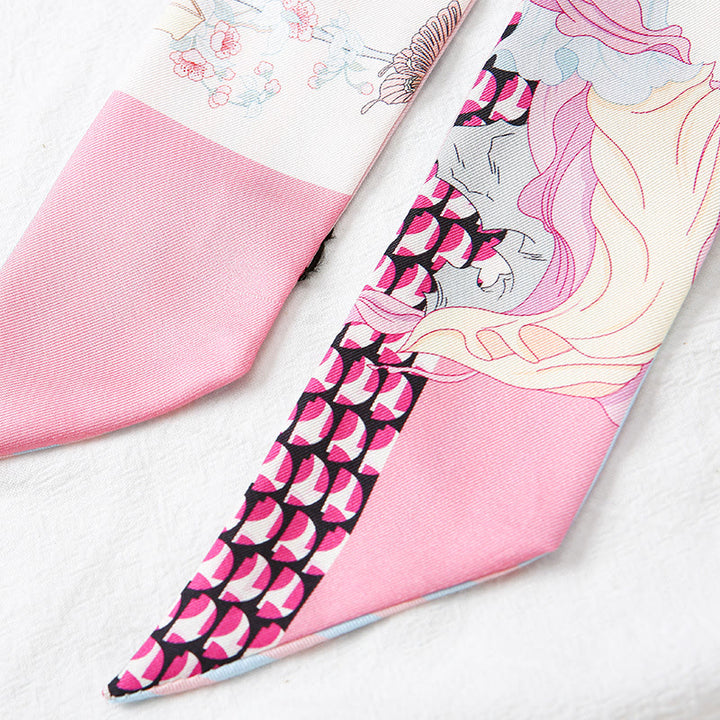Foulard pour cheveux en soie 100 % mûre avec Buddha Stones, fresques de Dunhuang, montagnes, coucher de soleil, motif floral