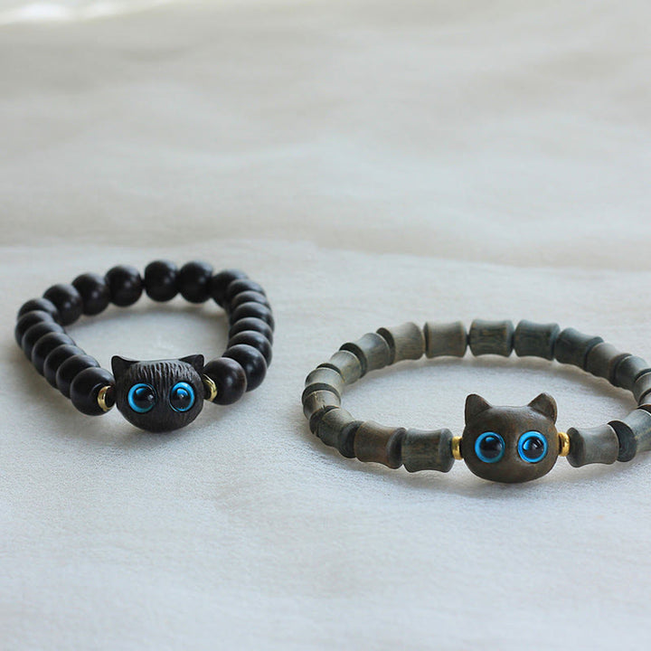 Bracelet de paix en forme de chat mignon en bois d'ébène et bois de santal vert Buddha Stones - image 2
