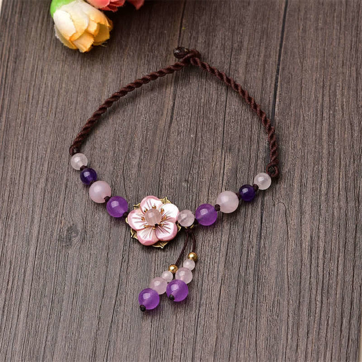Buddha Stones Bracelet de cheville Améthyste Rose Quartz Crystal Charm Lucky Healing