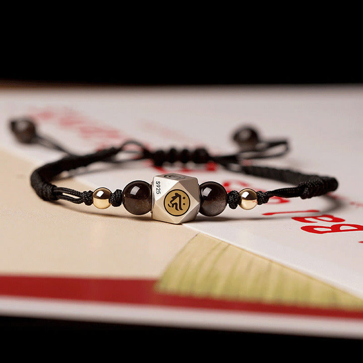 Bracelet tressé calme en cinabre avec Bouddha du zodiaque chinois en argent sterling 925 fait à la main avec Buddha Stones - Cordon épais noir (tour de poignet 14-17 cm) - Bouddha Chien/Cochon-Amitabha - image 3