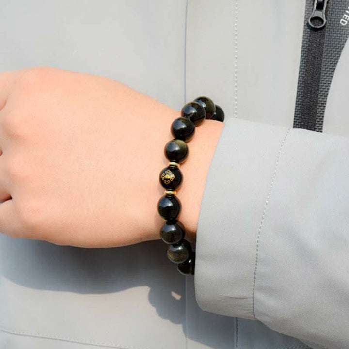 Bracelet de protection de richesse en obsidienne dorée avec Bouddha du zodiaque chinois