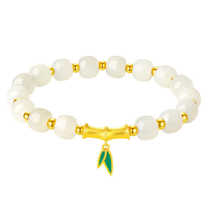 Bracelet porte-bonheur en argent sterling 925 et jade blanc Hetian en bambou Buddha Stones