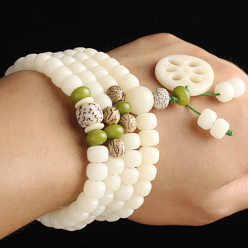 Bracelet porte-bonheur en 108 perles de Bodhi Seed Mala blanc Buddha Stones