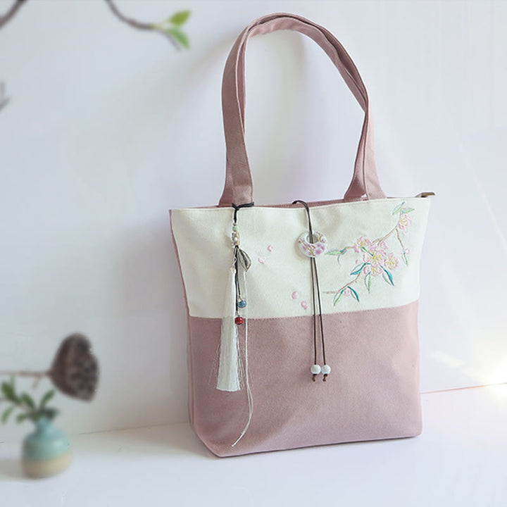 Sac à bandoulière en toile brodée de bambou avec fleur de poire, prunier, fleur de pêcher, grande capacité, sac fourre-tout
