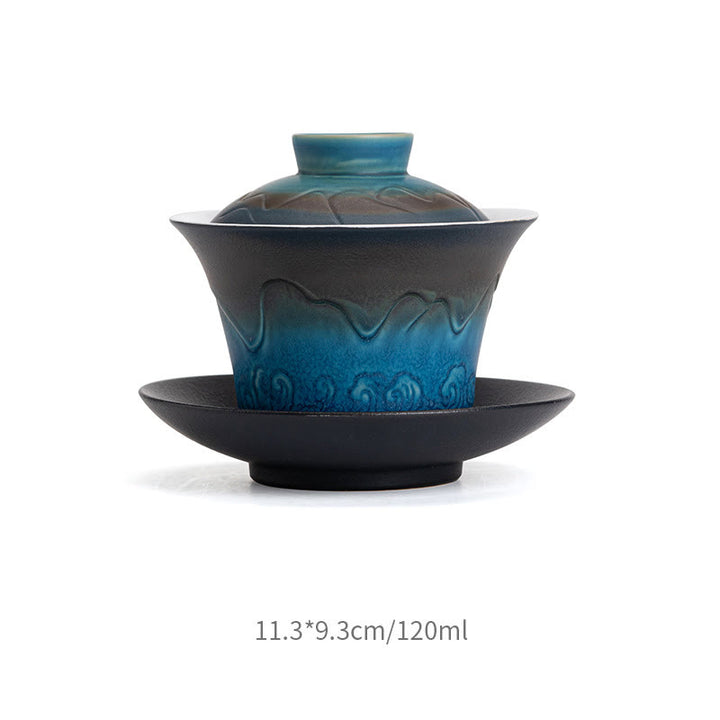 Tasse à thé et soucoupe en céramique avec couvercle en Buddha Stones, style rétro, bleu océan, vagues de la mer, dégradé, Gaiwan, Sancai