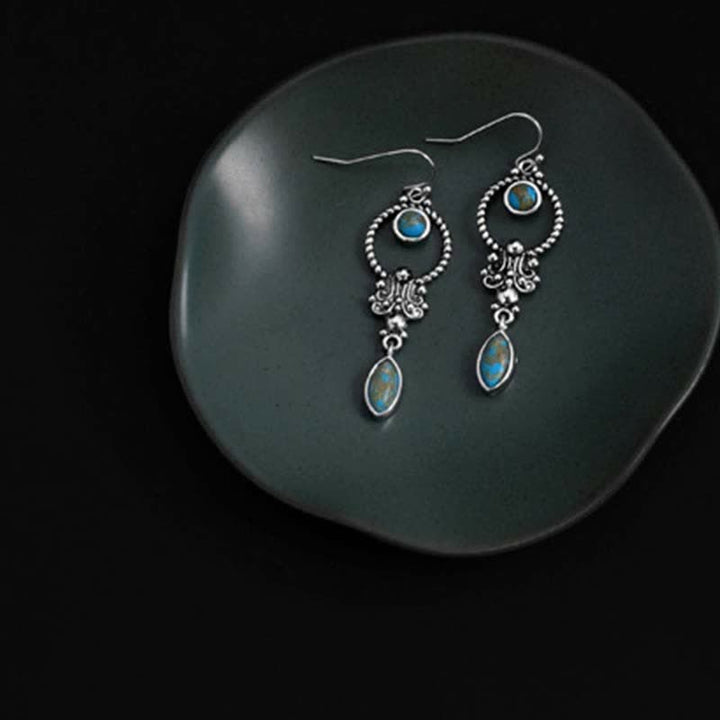 Boucles d'oreilles pendantes en argent sterling 925 Buddha Stones et motif de goutte d'eau turquoise vintage