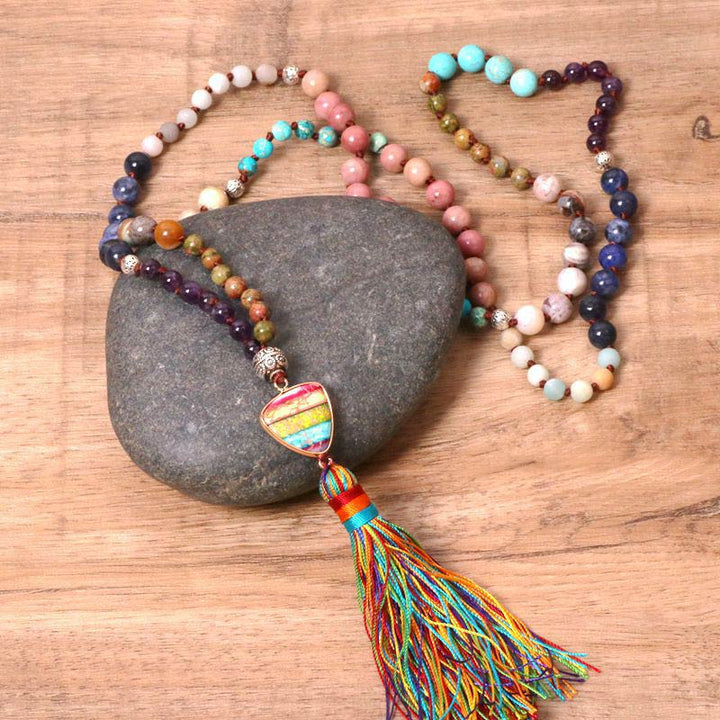 Collier d'équilibre en jaspe zèbre, turquoise, lazurite et tibétain