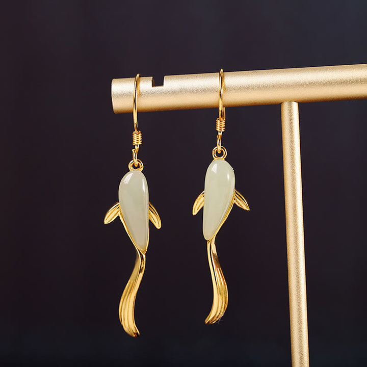 Boucles d'oreilles pendantes porte-bonheur en jade à motif de poisson