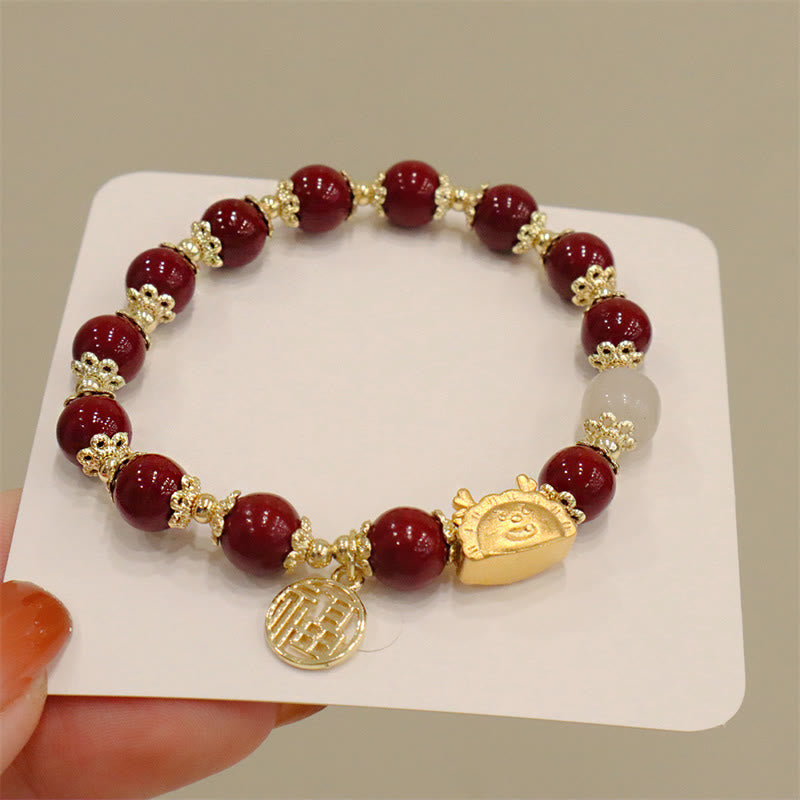 Buddha Stones Année du Dragon Agate Rouge Quartz Fraise Obsidienne Noire Jade Grenat Perle Cinabre Dumpling Dragon Luck Fu Bracelet Caractère