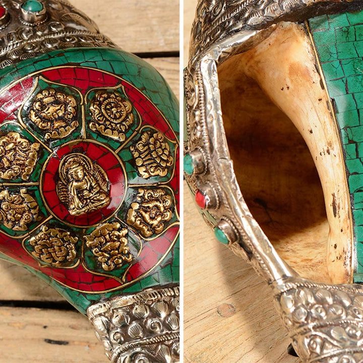 Coquille de Bouddha tibétain à double Dorje gravée à la main Shankha Décoration positive de richesse - image 12