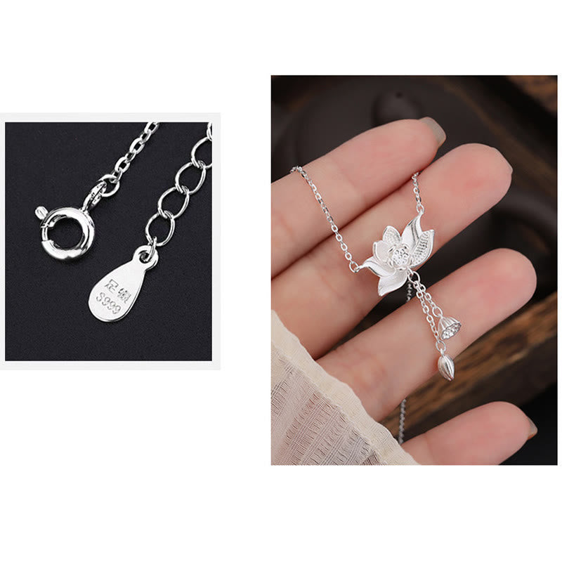Collier pendentif en argent sterling 999 sculpté en forme de gousse de fleur de lotus avec Buddha Stones