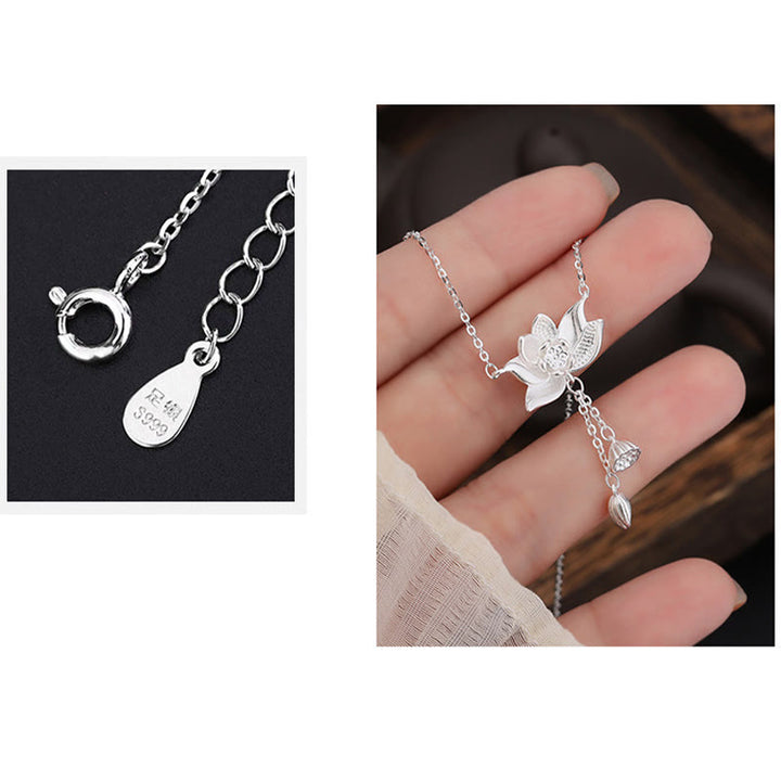 Collier pendentif en argent sterling 999 sculpté en forme de gousse de fleur de lotus avec Buddha Stones