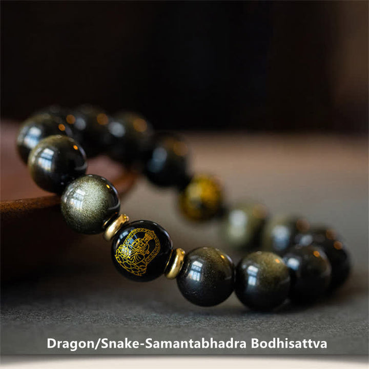 Bracelet de protection de richesse en obsidienne dorée avec Bouddha du zodiaque chinois