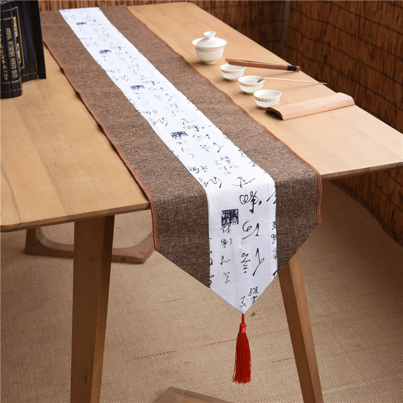Chemin de table en coton et lin avec pompons, Buddha Stones, style chinois classique, lotus, poisson koï, fleur, grue, calligraphie, illumination