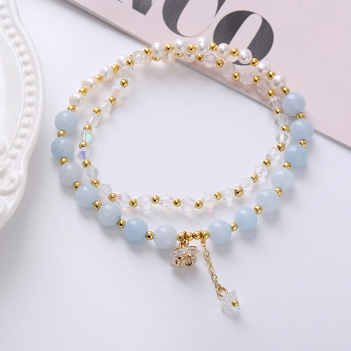 Bracelet double tour en améthyste naturelle, aigue-marine, quartz fraise, perle de guérison de la paix