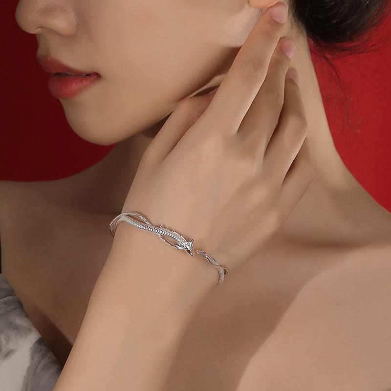Bracelet manchette porte-bonheur en métal Buddha Stones en argent sterling 925 et motif année du dragon