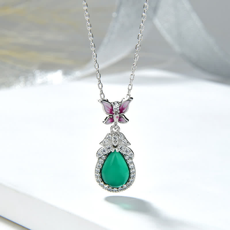 Collier pendentif courage en argent sterling 925 avec calcédoine verte et zircon papillon