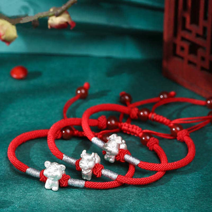 Bracelet en argent sterling 999 avec Buddha Stones et signe du zodiaque chinois, cordon rouge, force et chance