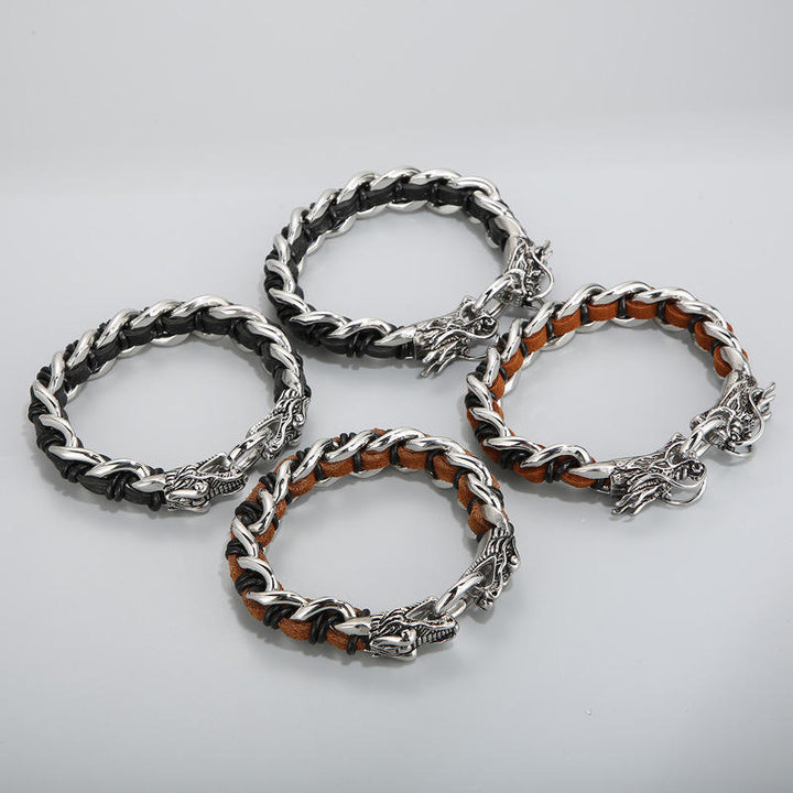 Bracelet tressé en cuir de dragon et acier titane pour protection et chance