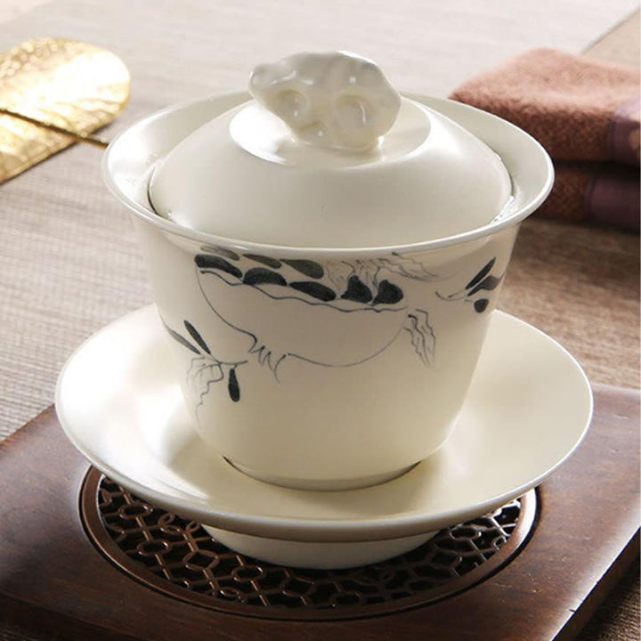 Buddha Stones peintes à la main Grenade Hibiscus Pin Lotus Céramique Gaiwan Sancai Tasse à thé Kung Fu Tasse à thé et soucoupe avec couvercle