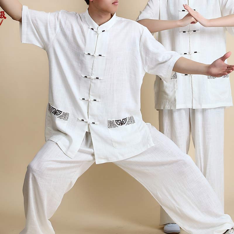Ensemble de vêtements unisexe brodés Buddha Stones, méditation, prière zen, Tai Chi spirituel, Qigong - Broderie blanche à manches courtes - US14，UK/AU18，EU46 (3XL) - image 18