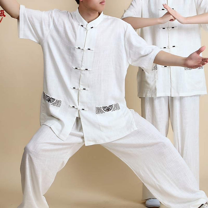 Ensemble de vêtements unisexe brodés Buddha Stones, méditation, prière zen, Tai Chi spirituel, Qigong - Broderie blanche à manches courtes - US14，UK/AU18，EU46 (3XL) - image 18