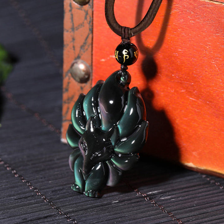 Collier pendentif positif en obsidienne arc-en-ciel naturelle Buddha Stones et obsidienne dorée brillante à neuf queues