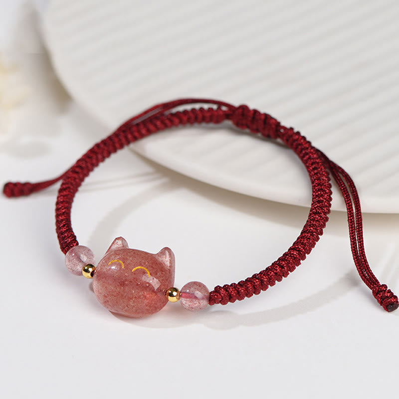 Bracelet tressé fait main en obsidienne naturelle argentée et brillante en quartz fraise avec protection pour chat mignon - image 10