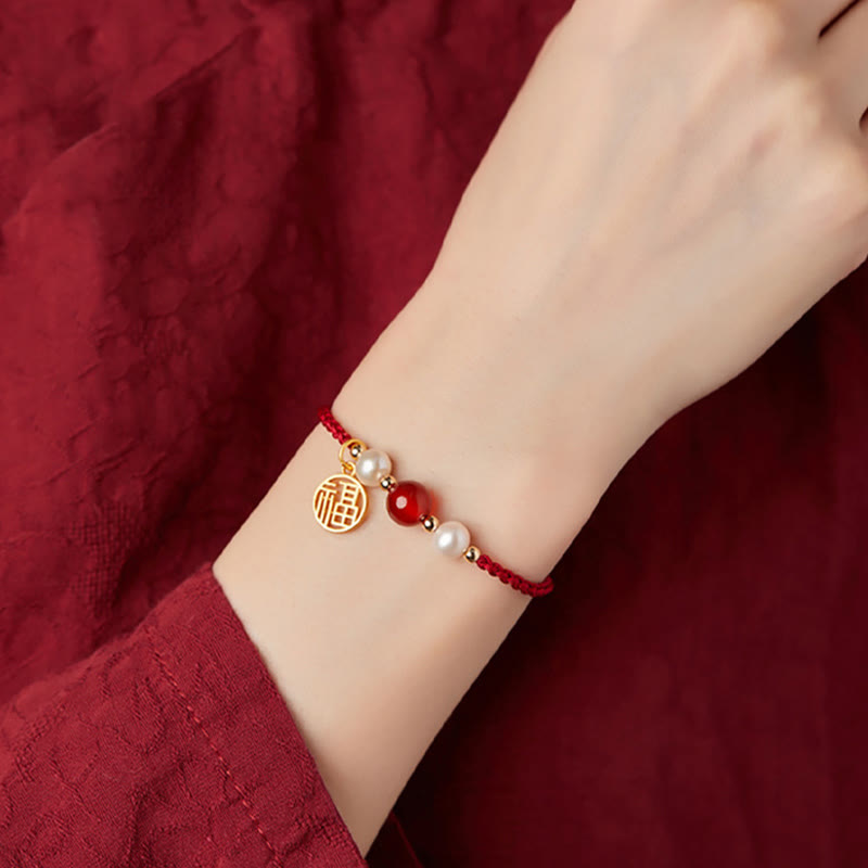Bracelet tressé en fil rouge avec perles d'agate et personnage Fu en argent sterling 925 et Buddha Stones